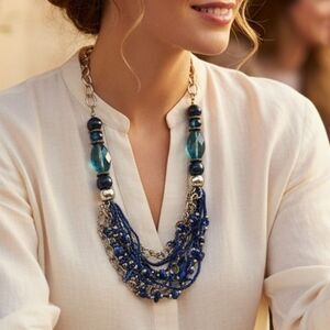 Layered Blue Beaded Statement Necklace 26” Gold Chain Multi Strand Boho Jewelry